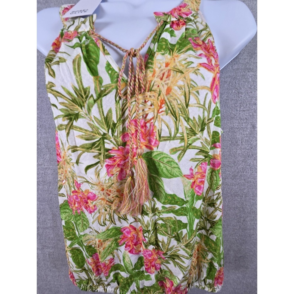 ROSE + OLIVE‎ Sleeveless Top S Tassels Pink Green Floral Cottagecore Fairy NEW